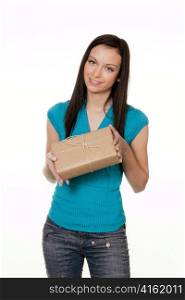 woman with a package delivery service. against a white background