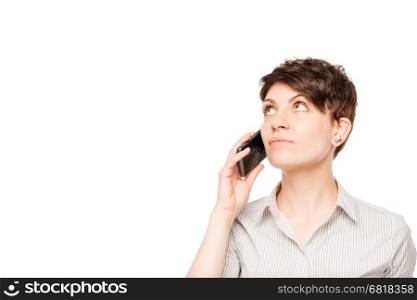 woman with a phone looking at white space background