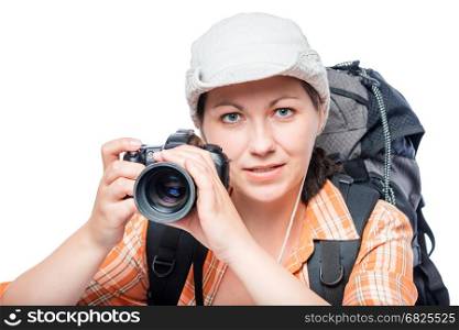 woman with a professional camera in the campaign against a white background portrait