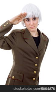 woman with a russian army coat and a white wig, isolated