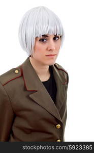 woman with a russian army coat and a white wig, isolated