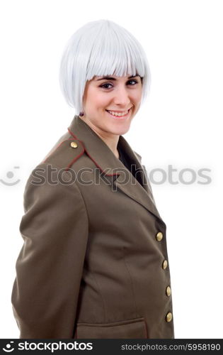 woman with a russian army coat and a white wig, isolated