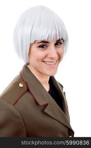 woman with a russian army coat and a white wig, isolated