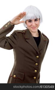 woman with a russian army coat and a white wig, isolated