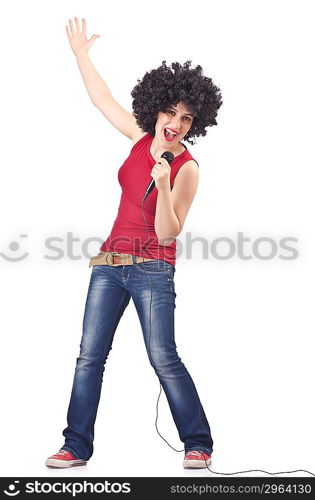 Woman with afro haircut on white