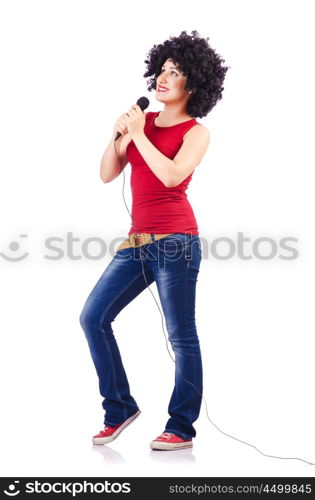 Woman with afro haircut on white