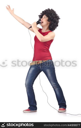 Woman with afro haircut on white