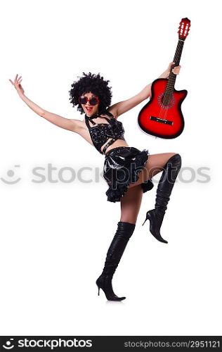 Woman with afro wig with guitar