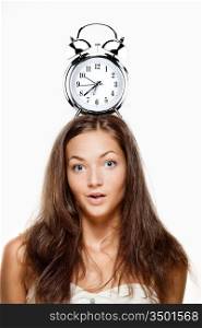 Woman with an alarm clock on her head, showing morning time.