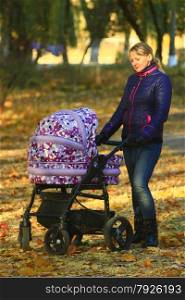 woman with baby in perambulator walking in the autumn park