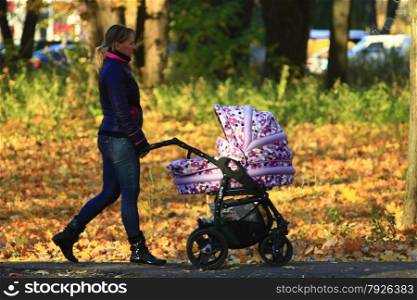 woman with baby in perambulator walking in the autumn park. woman with baby in perambulator in the park