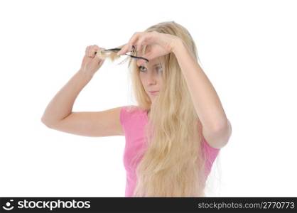 woman with backcombing hair and scissors. Isolated on white background