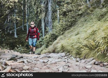 Woman with backpack hiking in mountains, spending summer vacation close to nature. Woman walking on path among bushes and trees