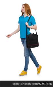 Woman with backpack isolated on white