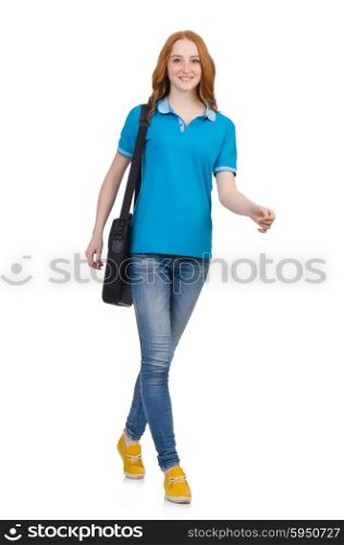 Woman with backpack isolated on white