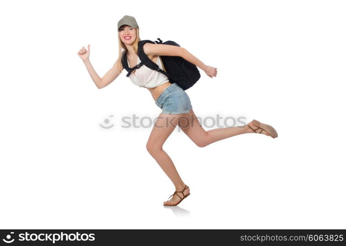 Woman with backpack isolated on white