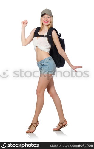 Woman with backpack isolated on white