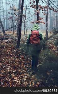 Woman with backpack wandering in a forest on autumn cold day. Back view of midd≤a≥active woman going along forest path actively spending time. Woman with backpack wandering around a forest on autumn cold day