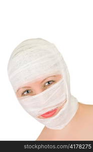 woman with bandage on her face on white