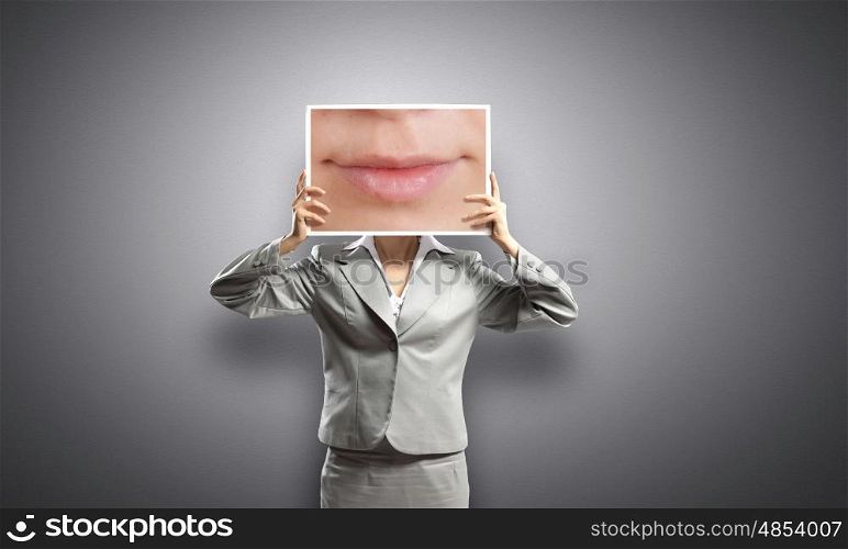 Woman with banner. Businesswoman holding banner with macro mouth image