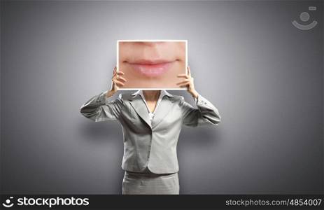 Woman with banner. Businesswoman holding banner with macro mouth image