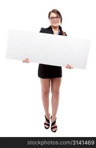 Woman with banner. Isolated over white.