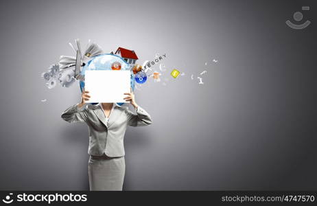 Woman with banner. Unrecognizable businesswoman holding white blank sheet of paper