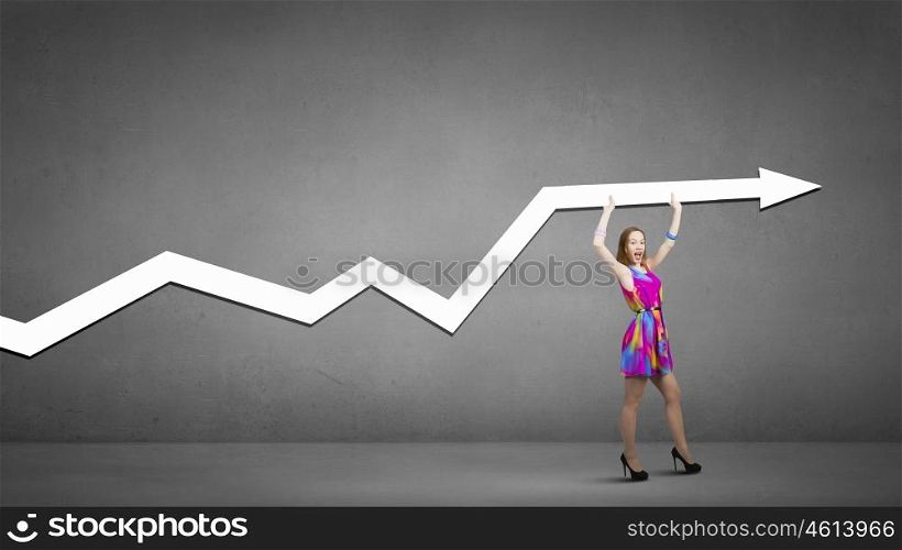 Woman with banner. Woman in multicolored dress with arrow graph in hands