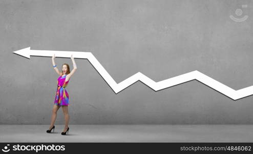 Woman with banner. Woman in multicolored dress with arrow graph in hands