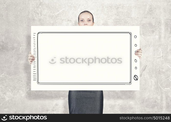 Woman with banner. Young woman showing white blank banner. Place for text