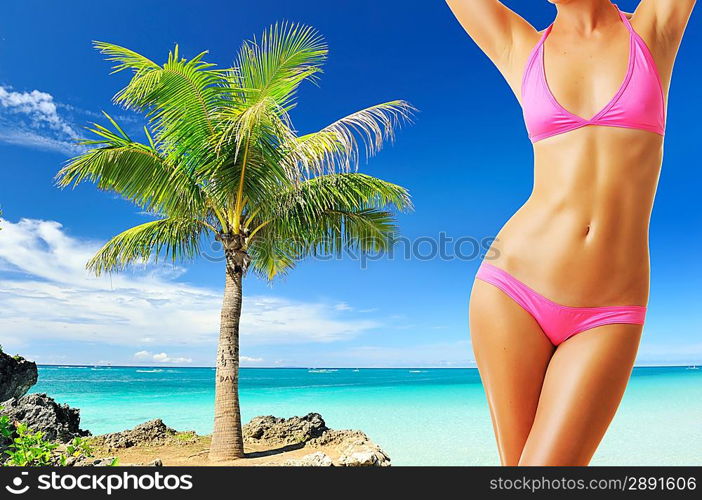 Woman with beautiful body at tropical beach. Collage.