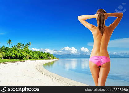 Woman with beautiful body at tropical beach. Collage.