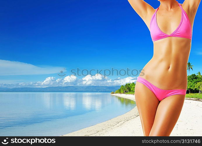 Woman with beautiful body at tropical beach. Collage.