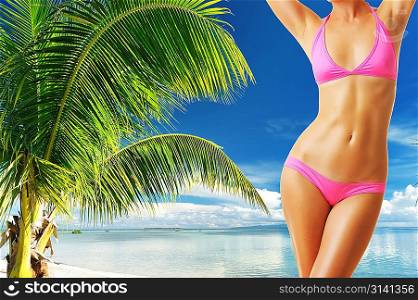 Woman with beautiful body at tropical beach. Collage.