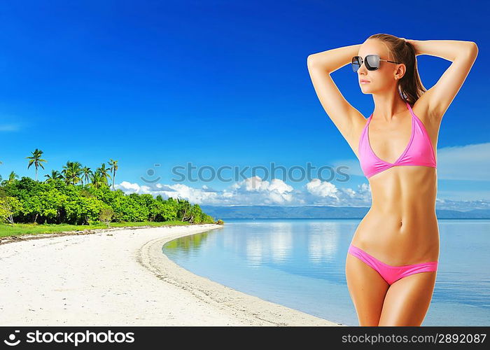 Woman with beautiful body wearing sunglasses at tropical beach. Collage.