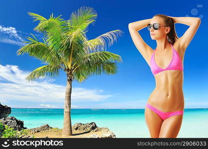 Woman with beautiful body wearing sunglasses at tropical beach. Collage.