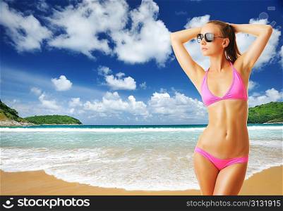 Woman with beautiful body wearing sunglasses at tropical beach. Collage.