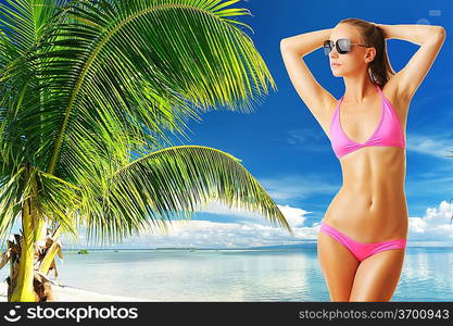 Woman with beautiful body wearing sunglasses at tropical beach. Collage.