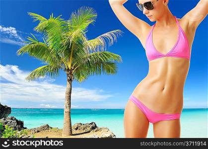 Woman with beautiful body wearing sunglasses at tropical beach. Collage.