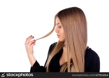 Woman with beauty long blonde hair isolated on a white background