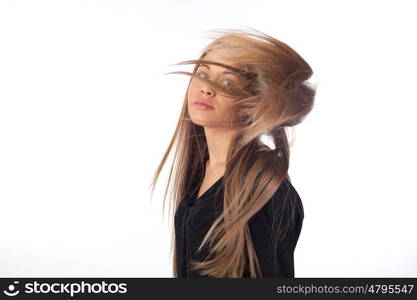 Woman with beauty long blonde hair isolated on a white background