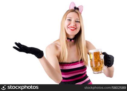 Woman with beer isolated on white