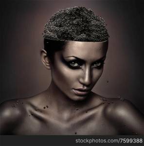woman with black caviar inside head