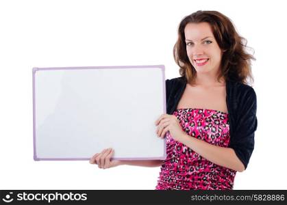 Woman with blank board isolated on white
