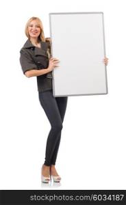 Woman with blank board isolated on white