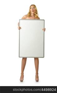 Woman with blank board on white