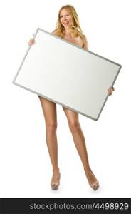 Woman with blank board on white
