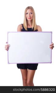 Woman with blank board on white