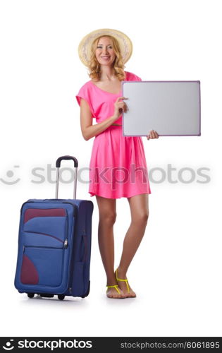 Woman with blank board on white