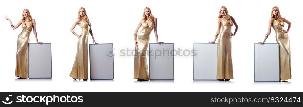 Woman with blank board on white